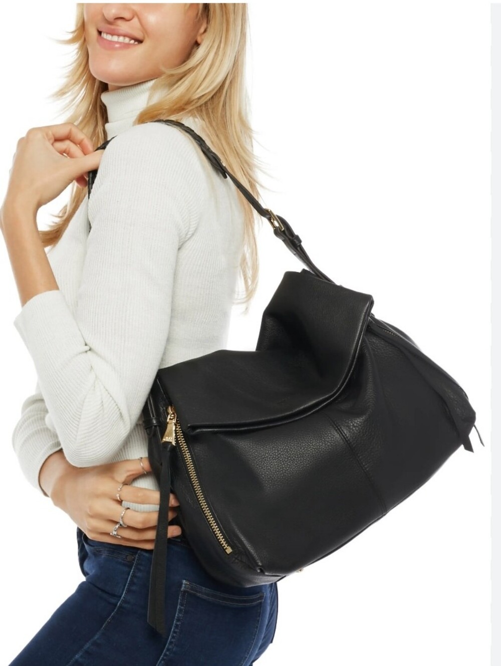 NWOT Aimee Kestenberg $248 Bali Leather Shoulder Bag Black Gold Details Logo